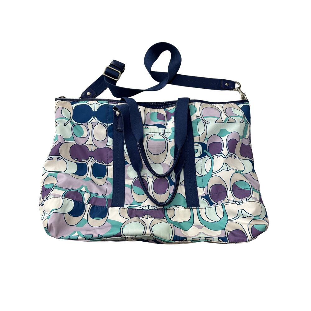 Coach Kyra White Green Blue Logo Printed Dual Top Handle Large Tote Bag